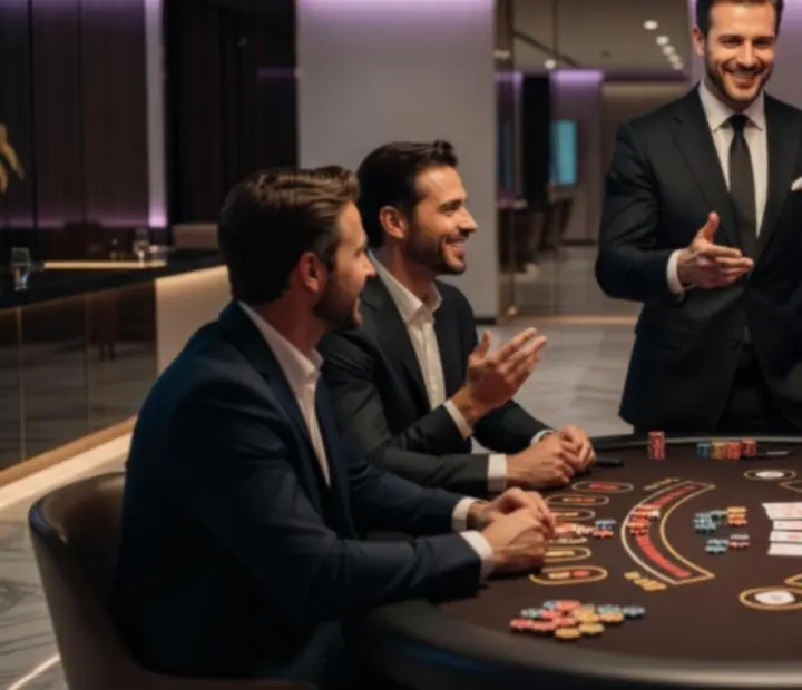 Blackjack atrakce s hostitelem a hosty u stolu s kartami a žetony