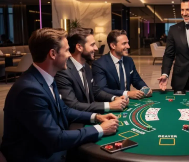 Elegantní večerní event s blackjackovým stolem a hosty