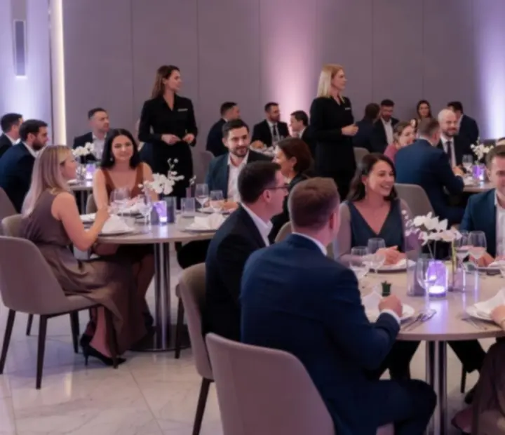 Elegantní večerní event s hosty u stolů, osvětlením a společenským programem