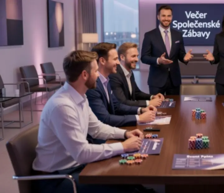 Stůl s tematickou výzdobou a žetony během společenského večera Karlovex
