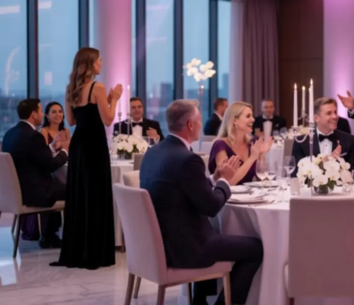 Elegantní večerní event Karlovex s hosty u stolů a tematickou výzdobou