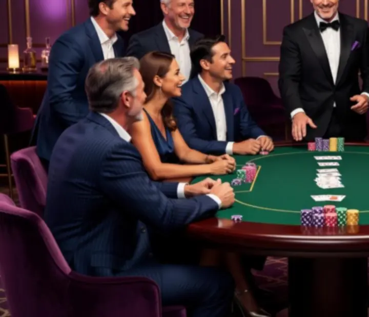 Hosté během pokerového stylového večera u stolu se žetony a profesionálním hostitelem