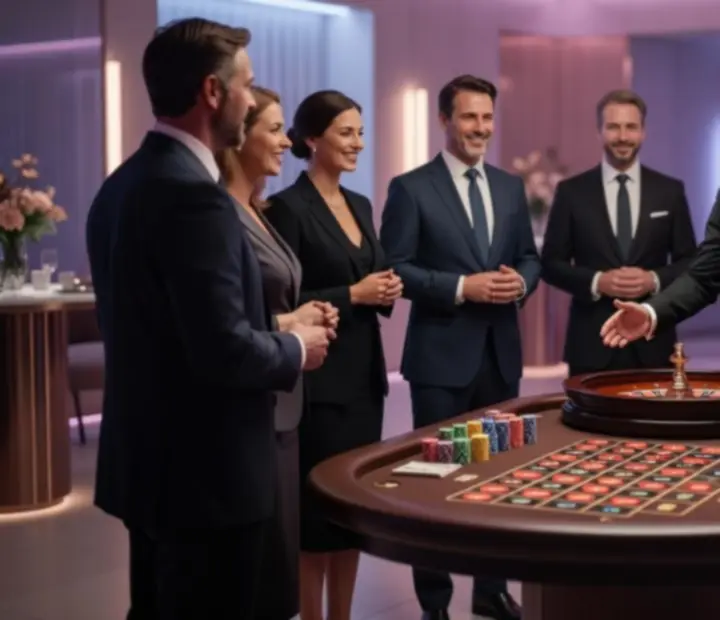 Elegantní večerní společenská akce s ruletovým stolem a hosty
