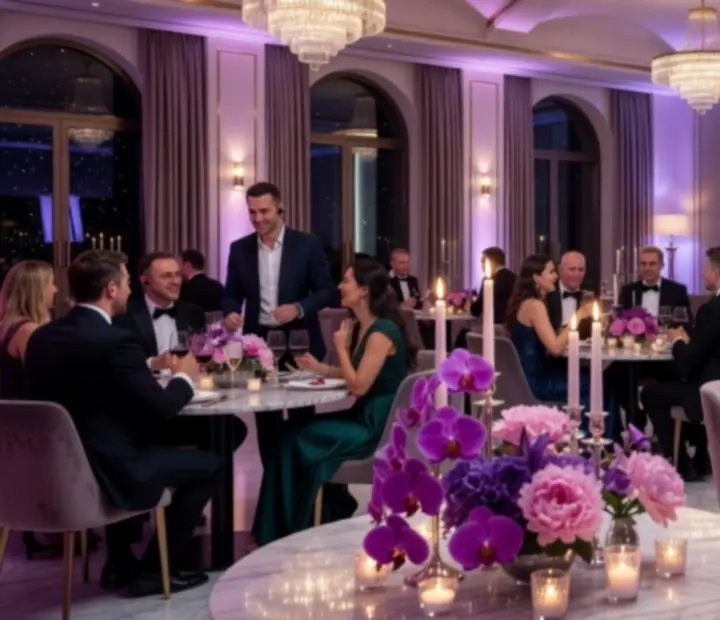 Elegantní večerní tematická akce s hosty u stolků a stylovým osvětlením